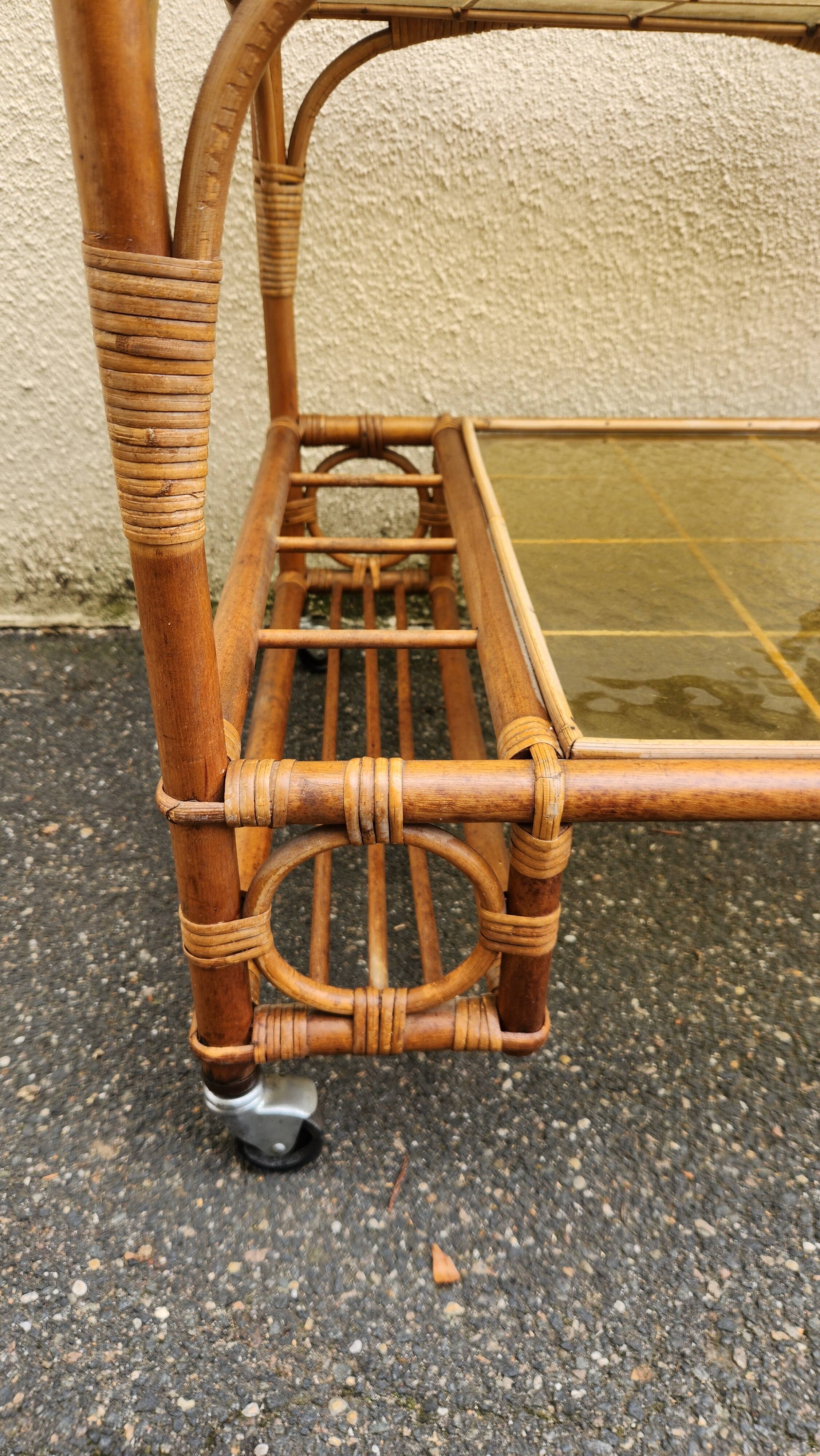 beautiful rattan and bamboo serving cart from the 1960s/70s