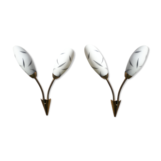 Pair of double opaline and brass wall lights from the 1960s-1970s.