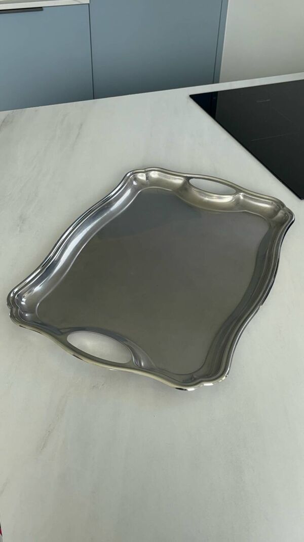 Plateau de service en inox – Plat métal argenté vintage design françai