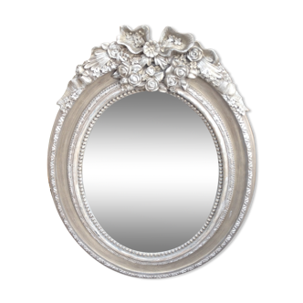 Miroir fleur patiné gris et blanc 28x36cm
