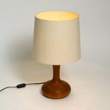 Beautiful minimalist 80s DOMUS teak table lamp with original wild silk fabr