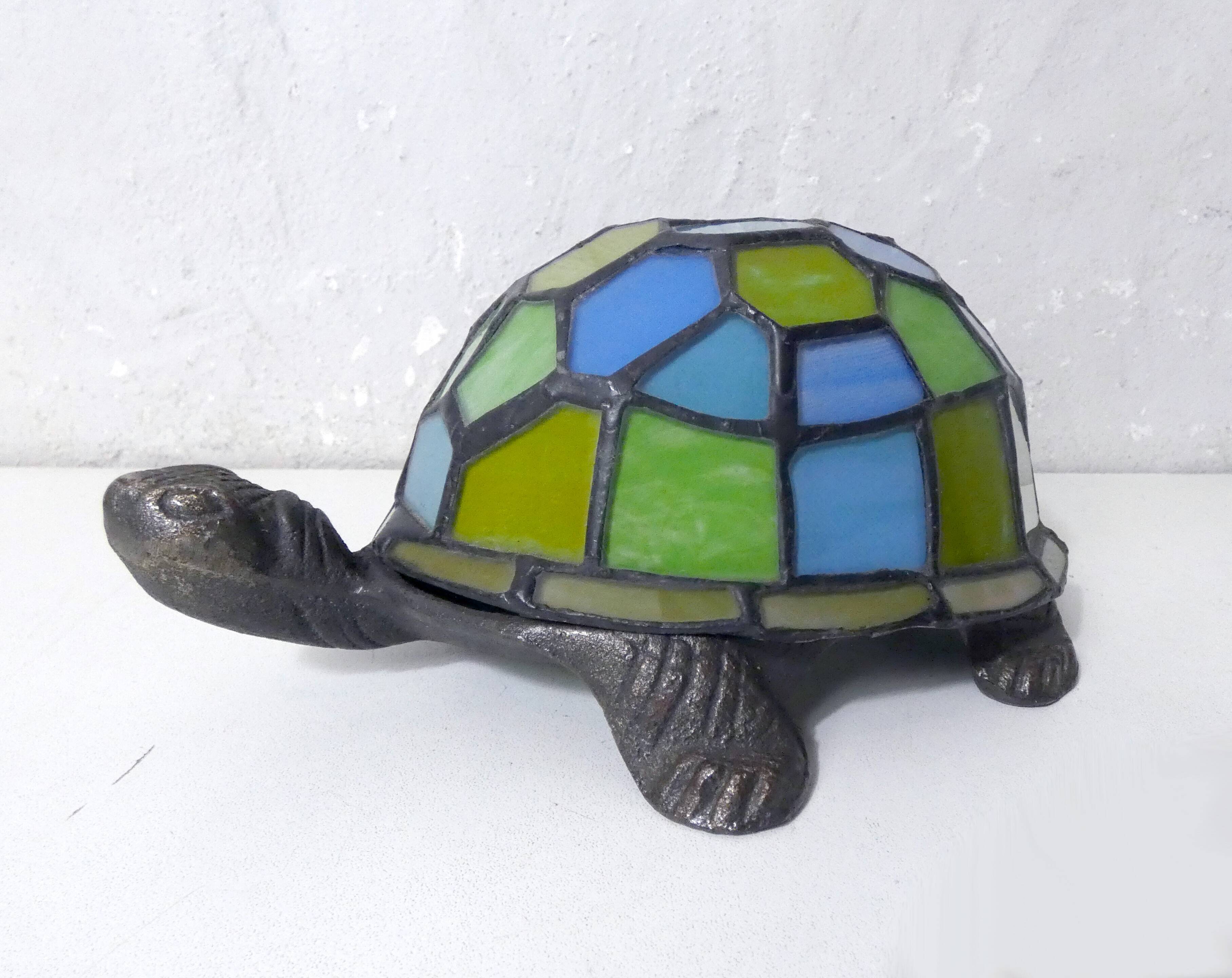 Tiffany style turtle lamp in vintage blue-green glass paste
