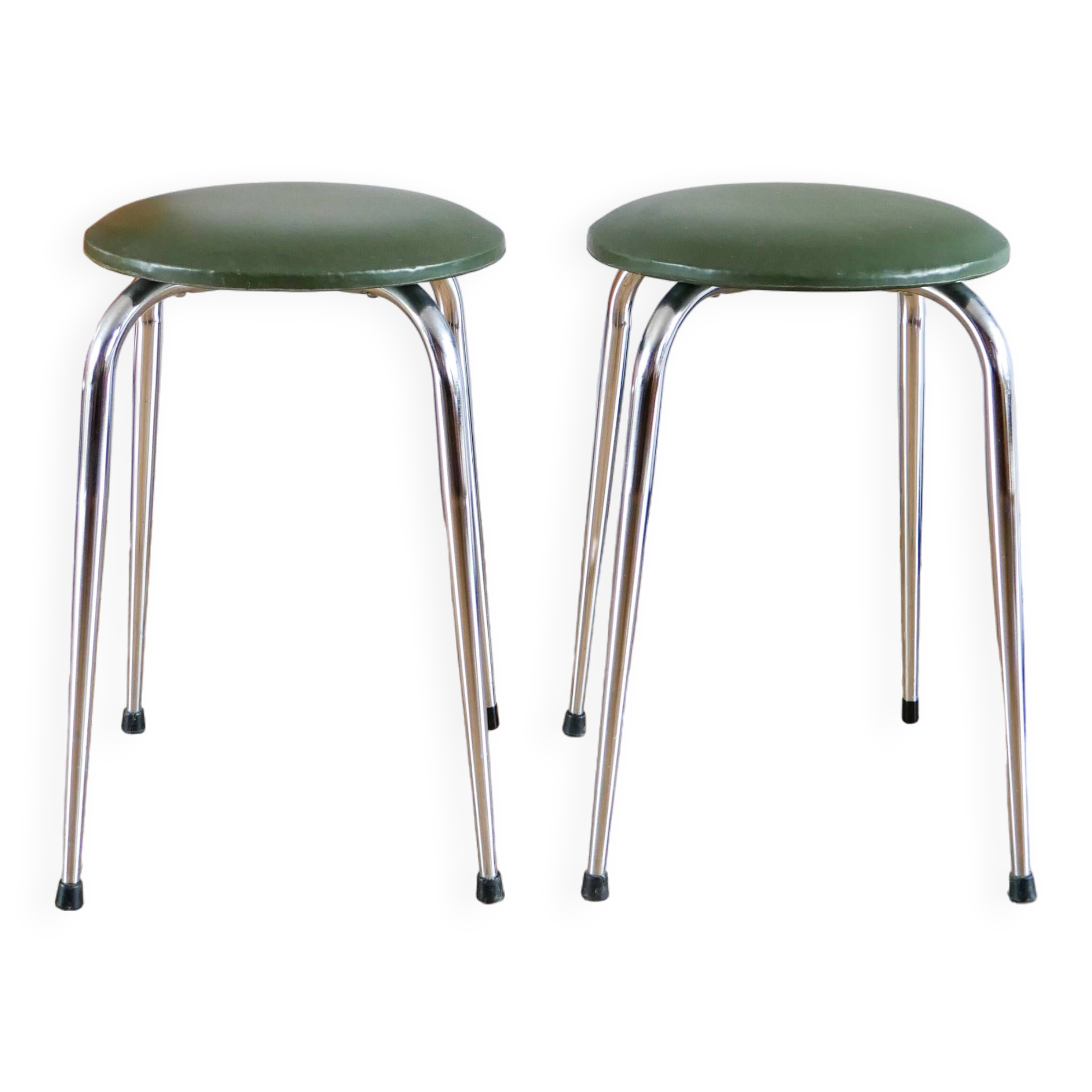 Pair of stools in chrome and bottle green skai, Made in France, Registered Model, 1970