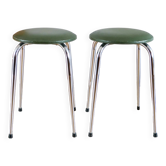 Pair of stools in chrome and bottle green skai, Made in France, Registered Model, 1970