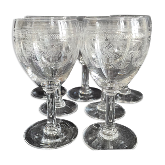 7 wine glasses - art nouveau - light crystal blown and cut