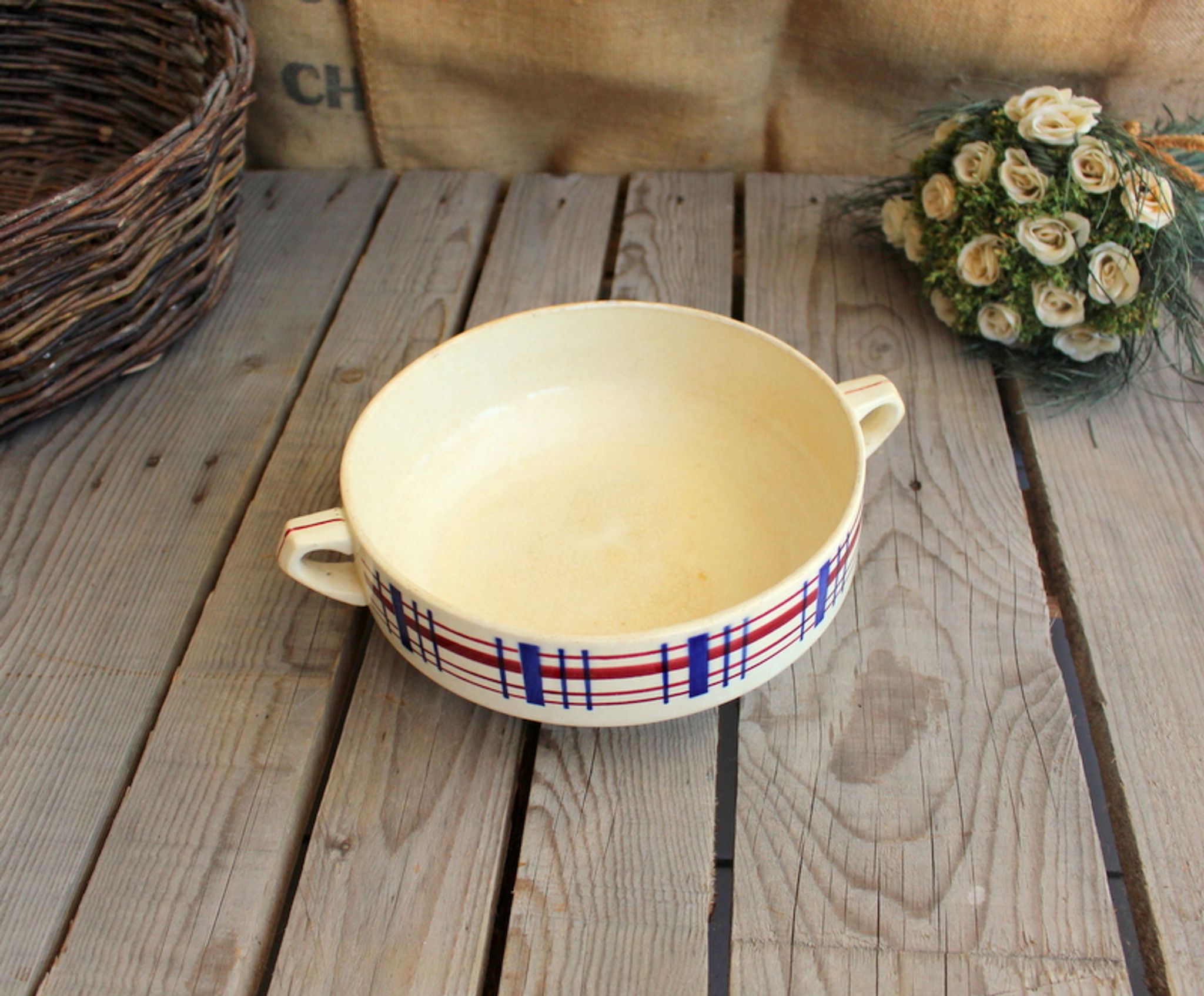 Ancient Ceramic Salad with Handles signed Saint-Amand