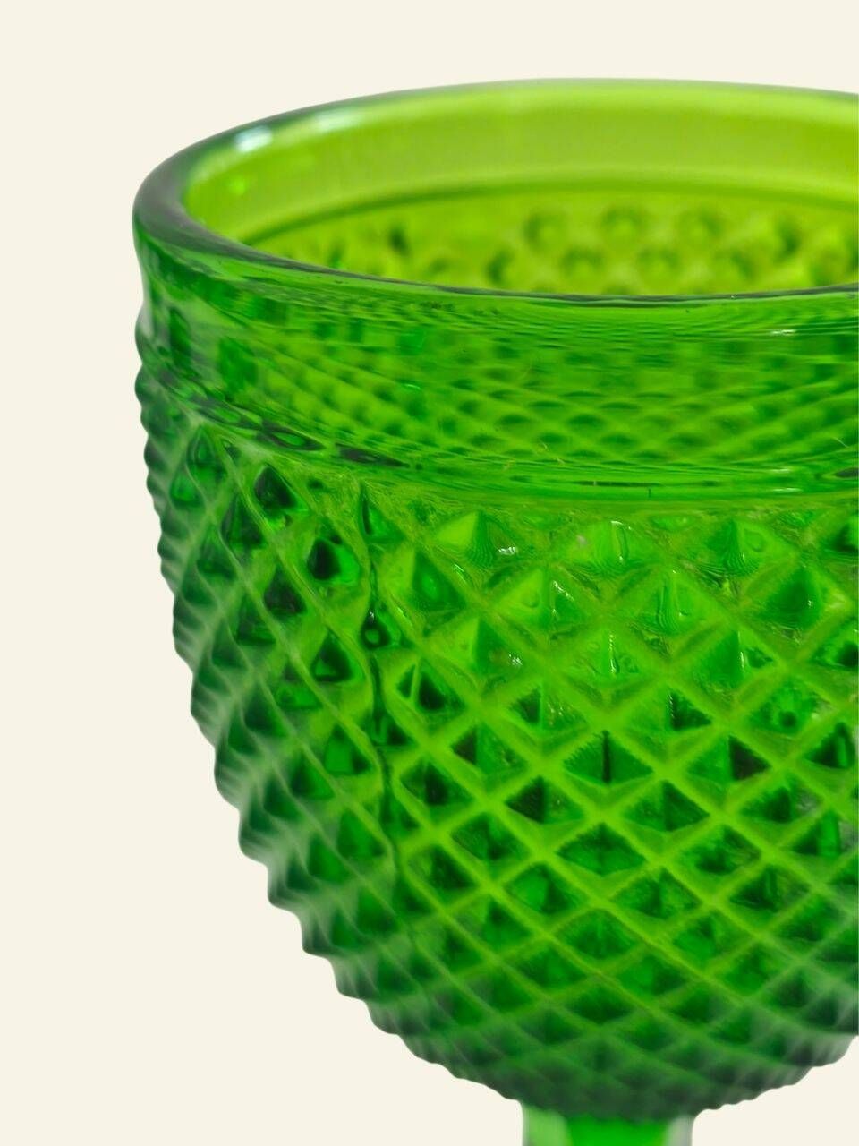 Six green glass wine glasses, Marinha Grande (IVIMA), diamond point.