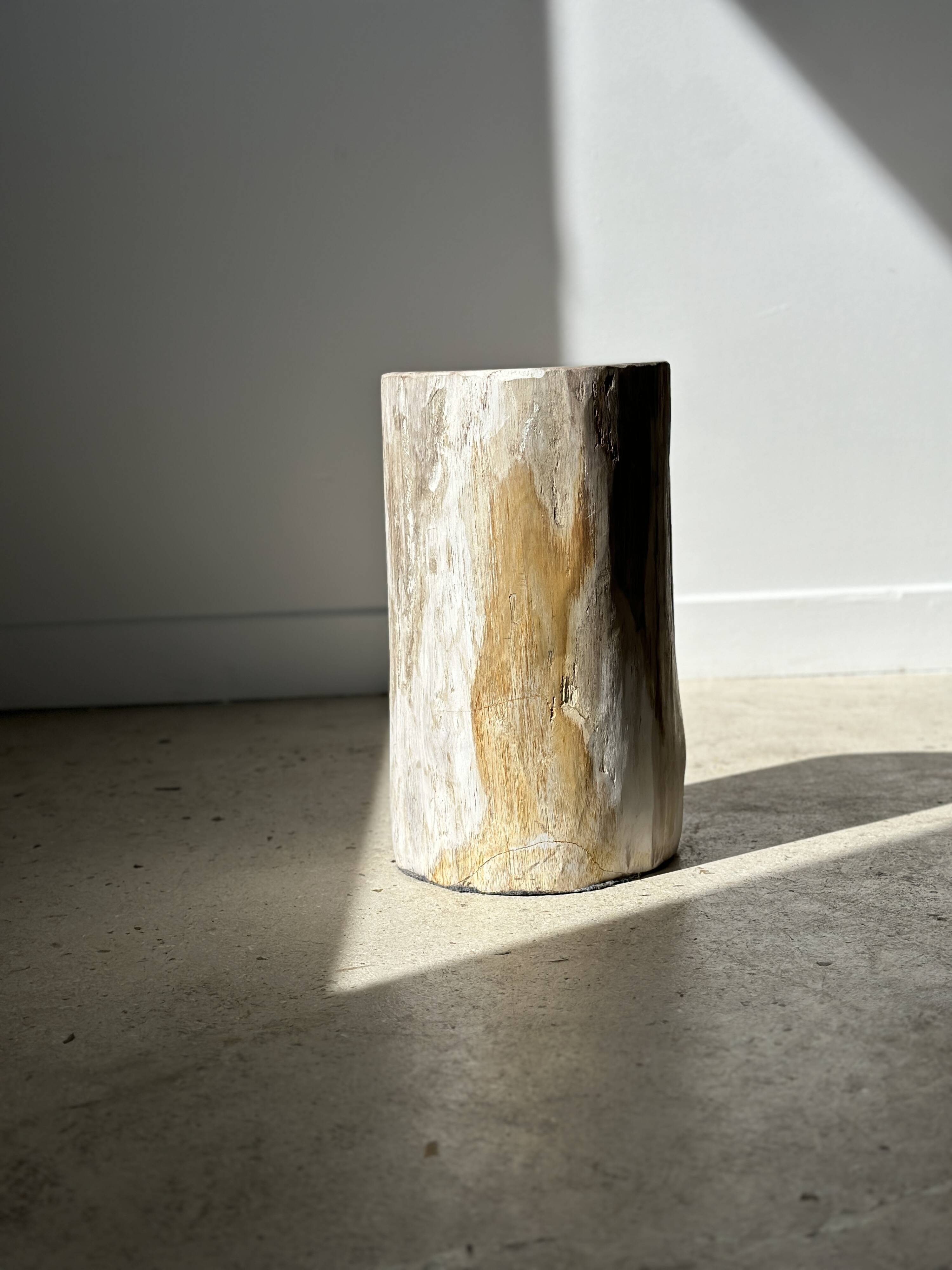 Petrified wood side table white tower black heart H:36cm D:17cm