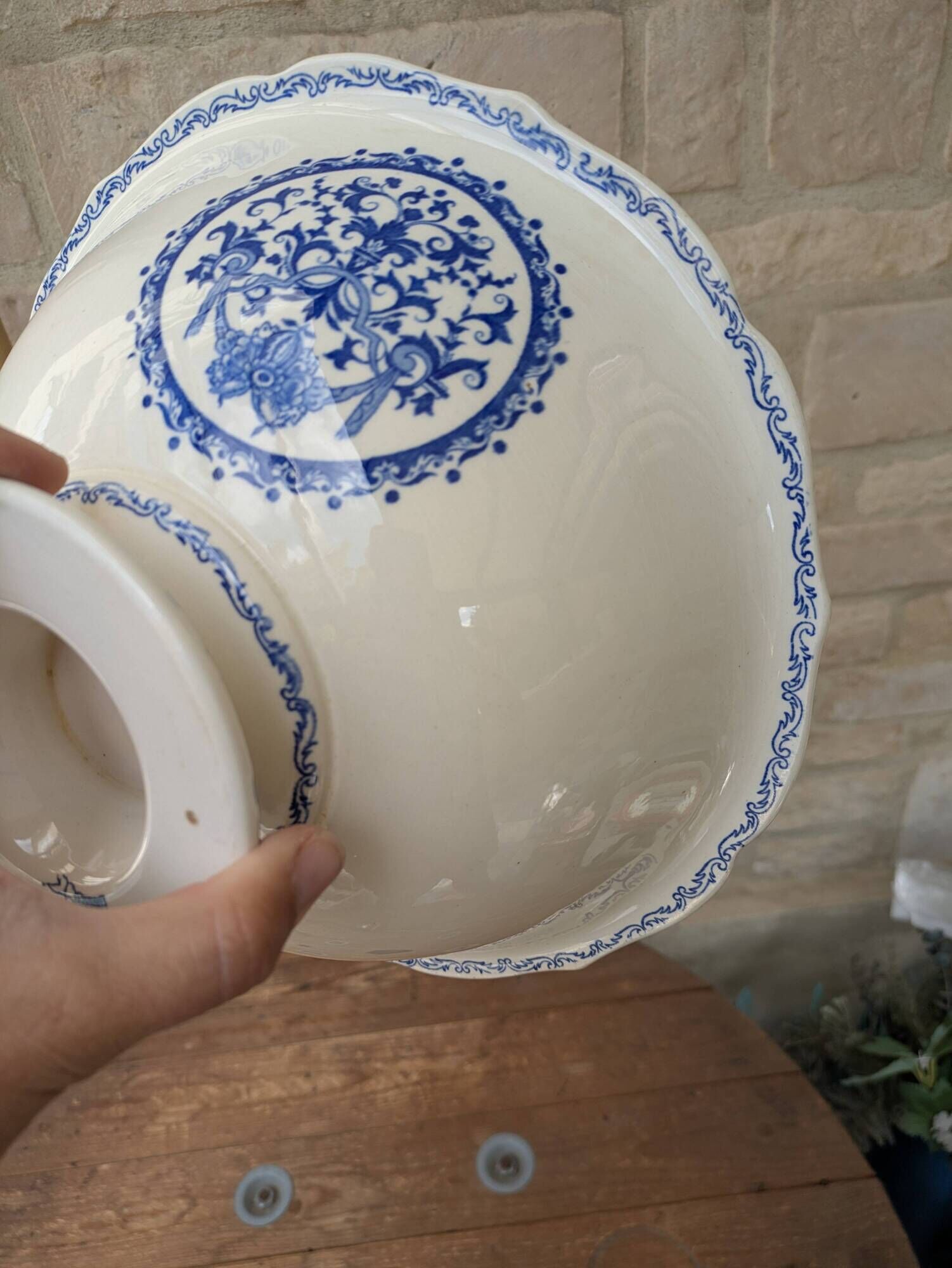 Vintage large salad bowl Gien Rouen model blue arabesques 30x14cm