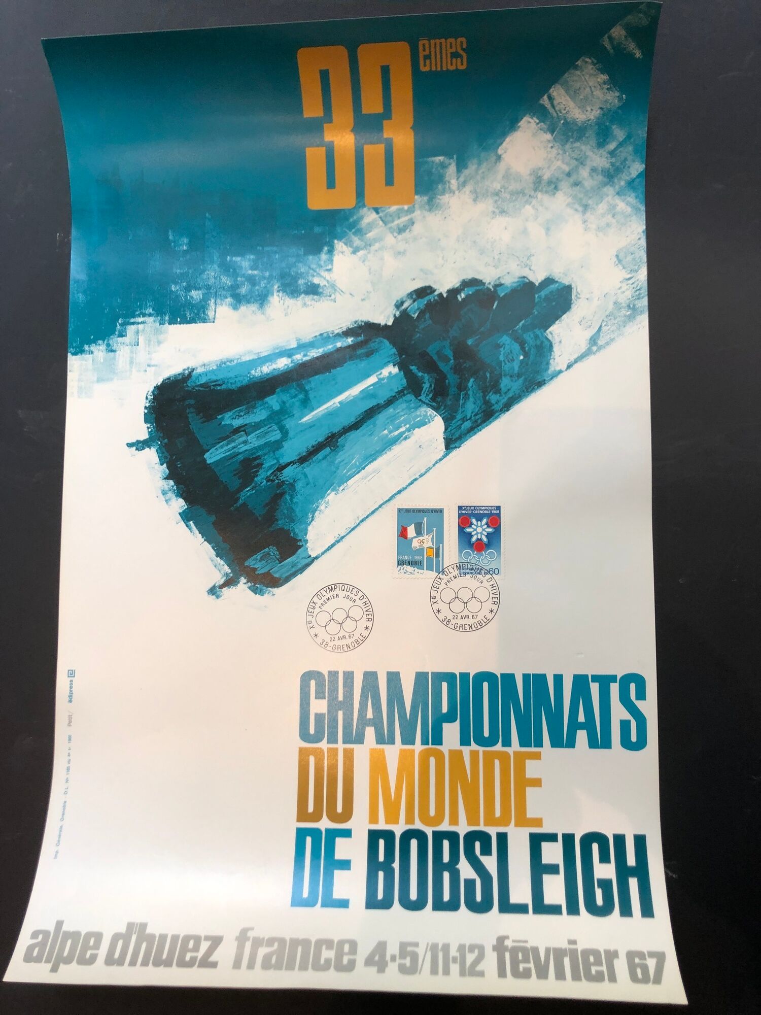 Poster bobsleigh alpe d'huez grenoble olympic winter games 1968 1967