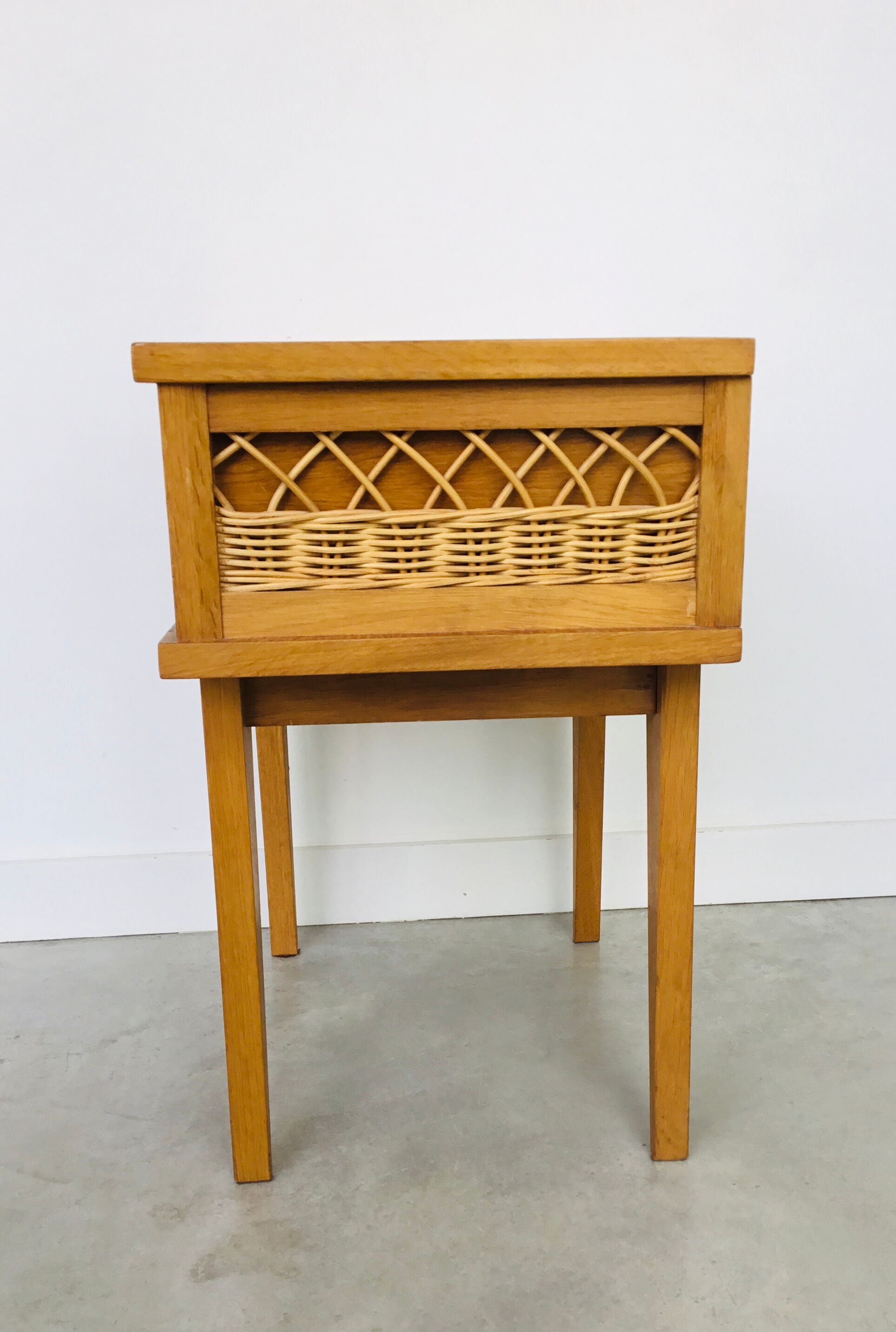 Vintage light wood and rattan bedside - 1960