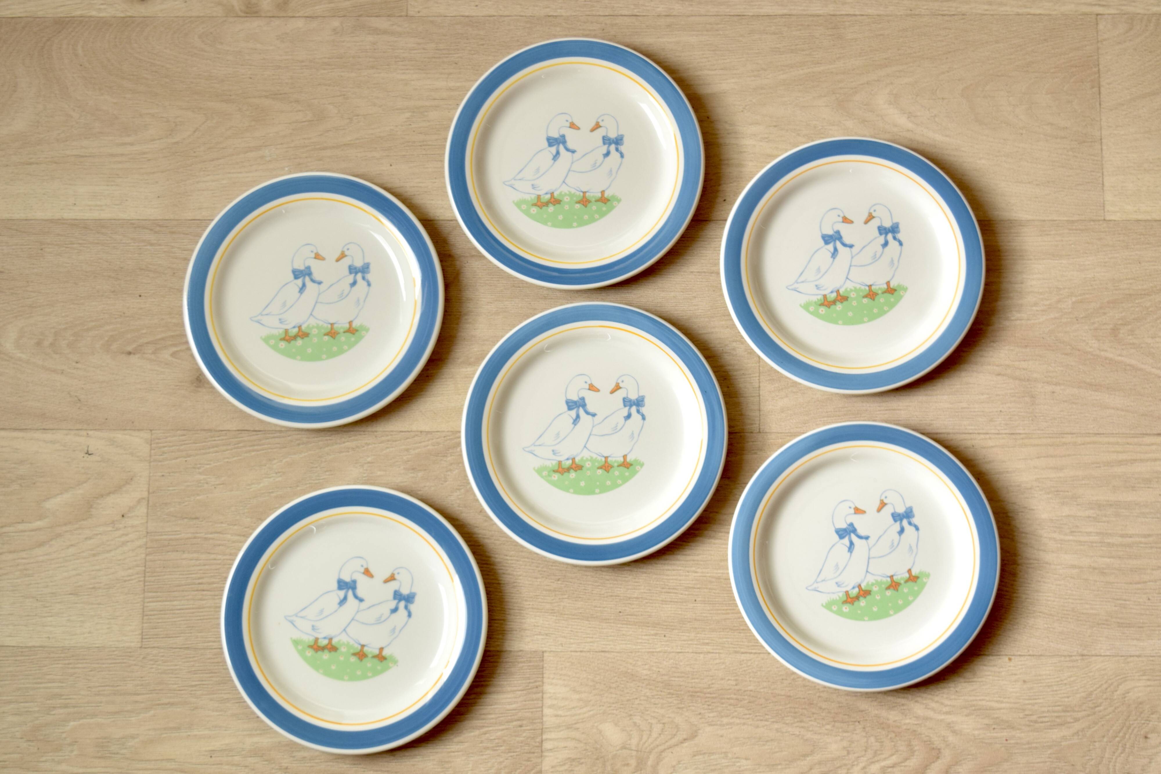 Series of six vintage dessert plates - Ceramica Quadrifoglio - geese decor - Made in Italy