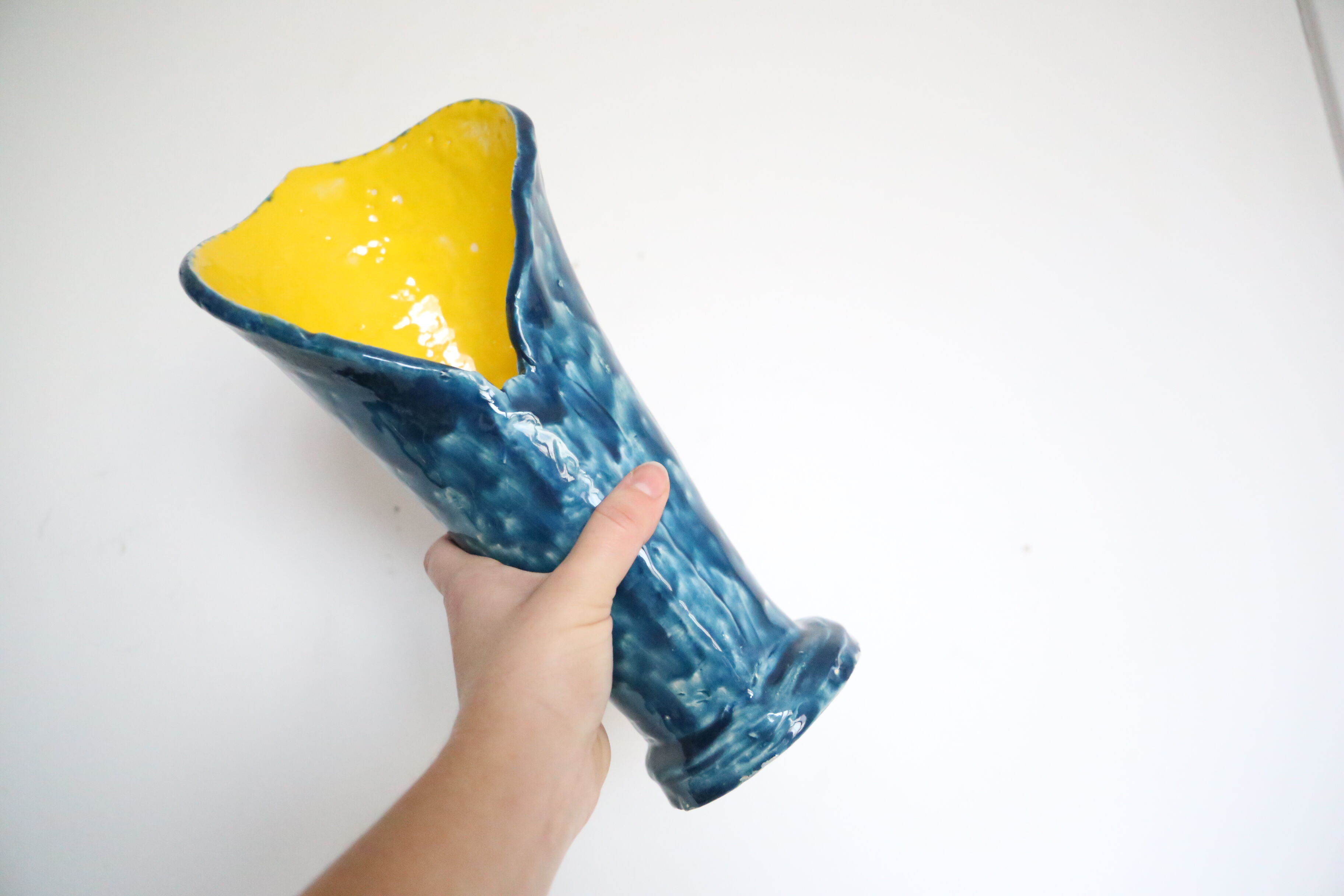 Handmade ceramic vase, glazed blue and yellow, vintage