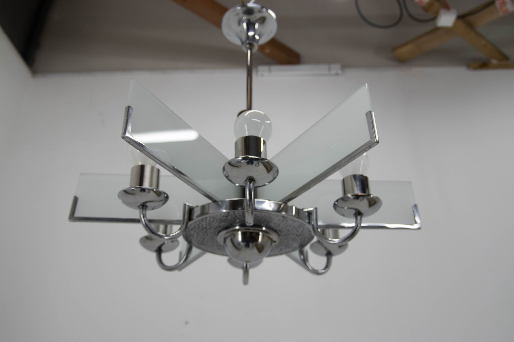 Art Deco Chandelier Made of Chrome, Wood and Sandblasted Glass, 1940s
