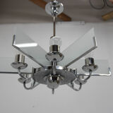 Art Deco Chandelier Made of Chrome, Wood and Sandblasted Glass, 1940s