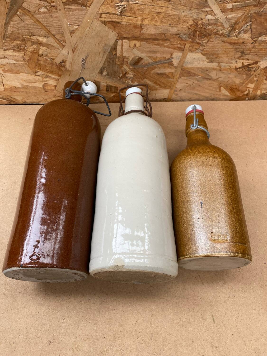Set of 3 old brown & white stoneware bottles vintage kitchen