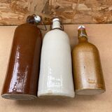 Set of 3 old brown & white stoneware bottles vintage kitchen