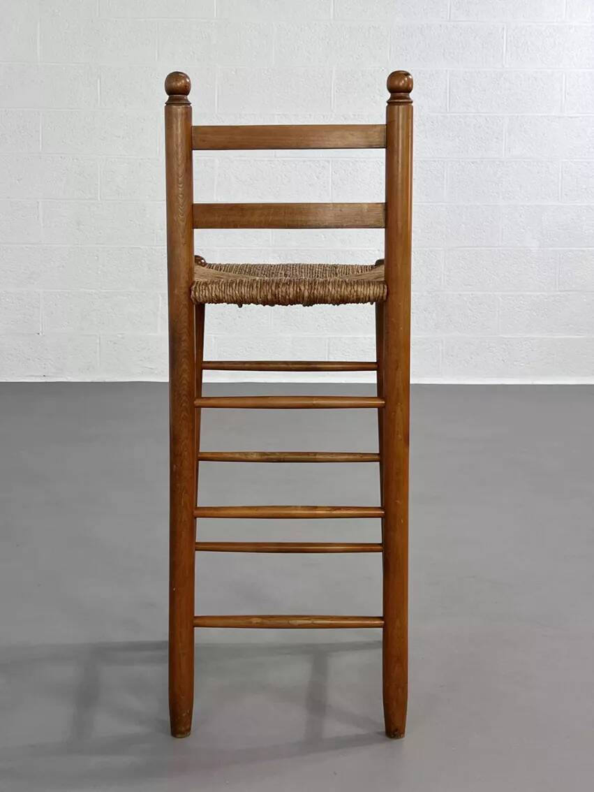 Set of 4 50s bar stools in wood and woven straw seat