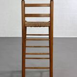 Set of 4 50s bar stools in wood and woven straw seat