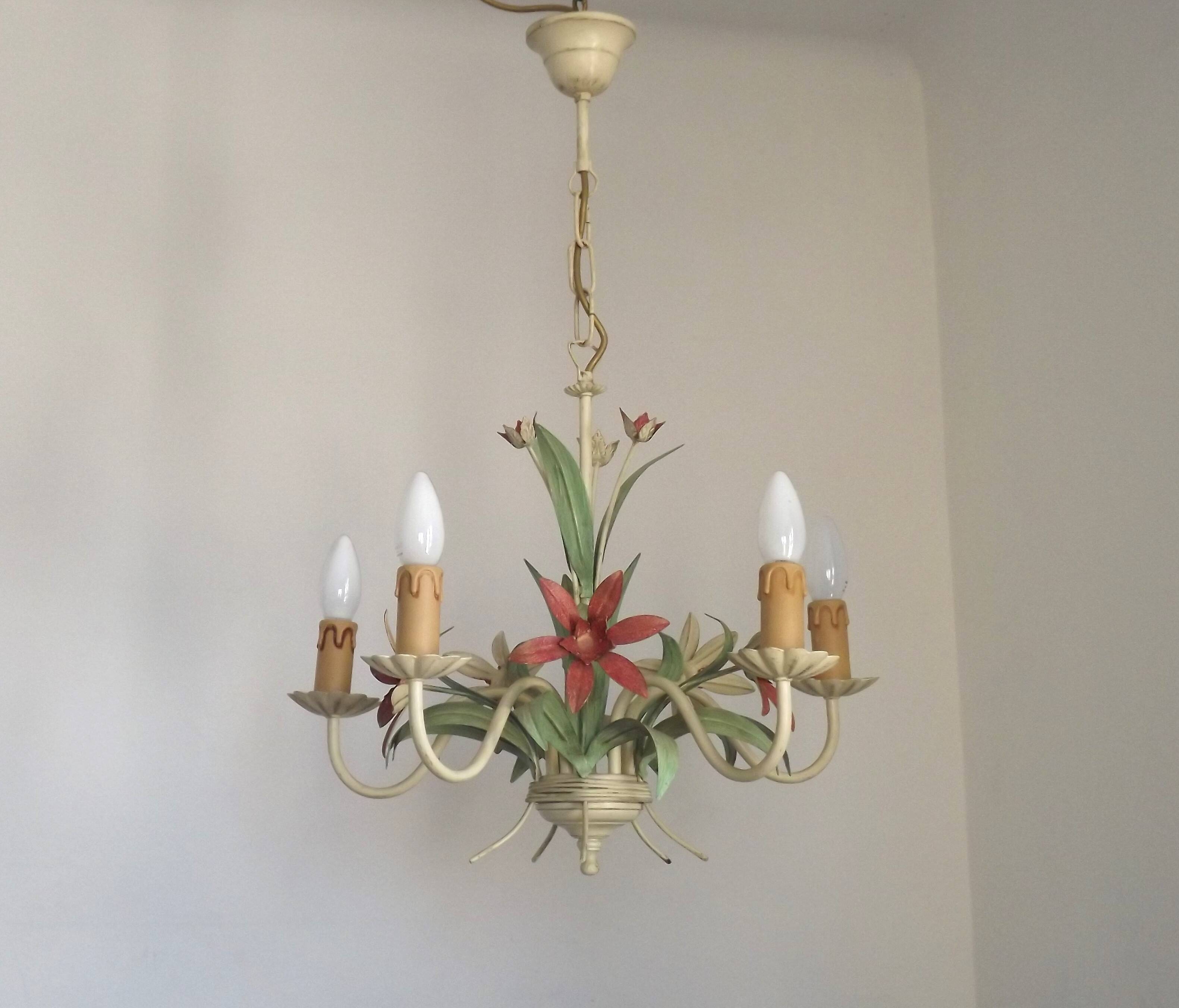 5 Light Vintage Italian Chandelier, Mathias Metal Bouquet, Pink Flowers