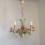 5 Light Vintage Italian Chandelier, Mathias Metal Bouquet, Pink Flowers