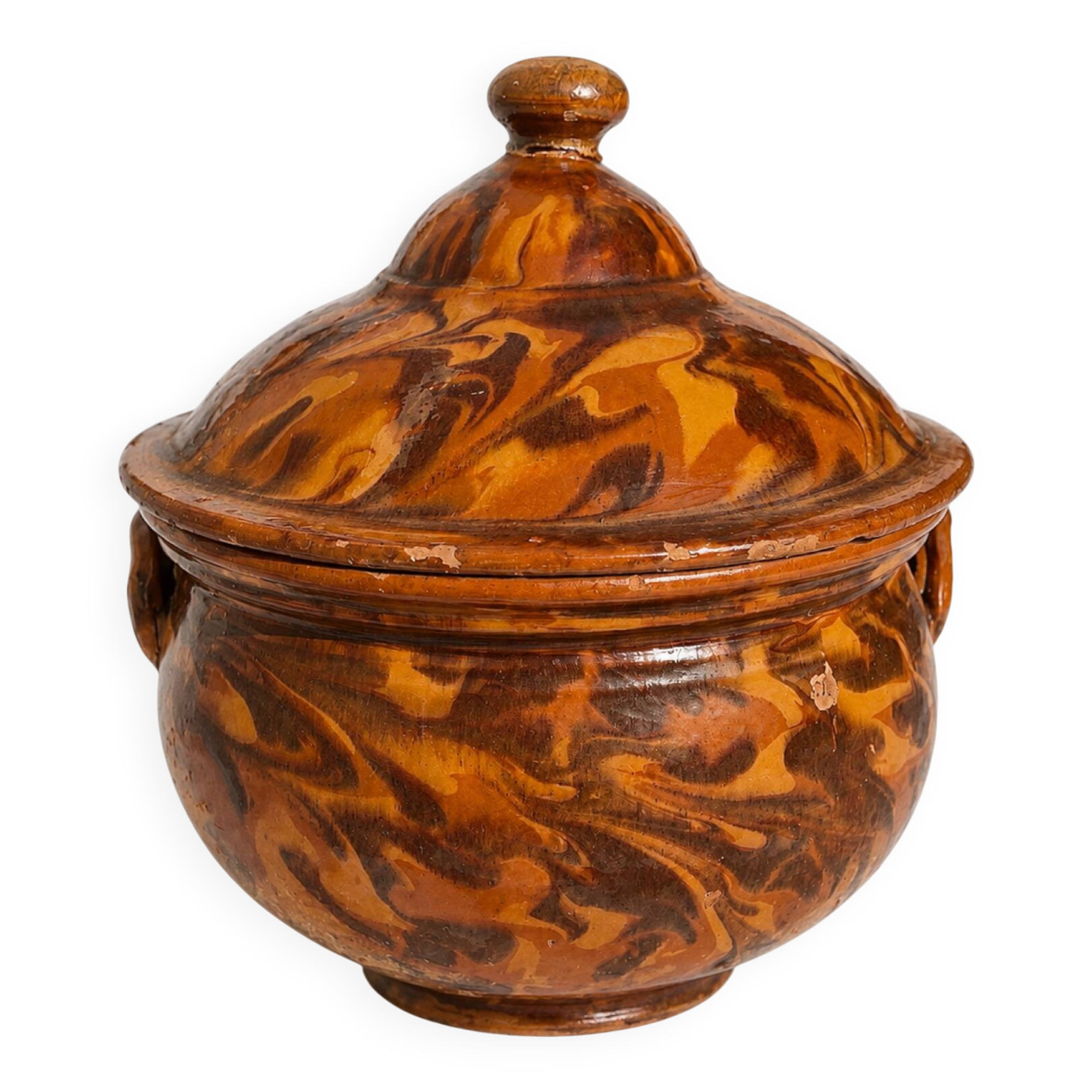 Antique marbled glazed earthenware soup tureen from the southwest, 18th century.