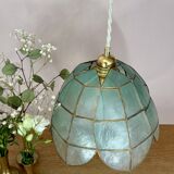 Vintage pendant light in blue mother-of-pearl and brass.