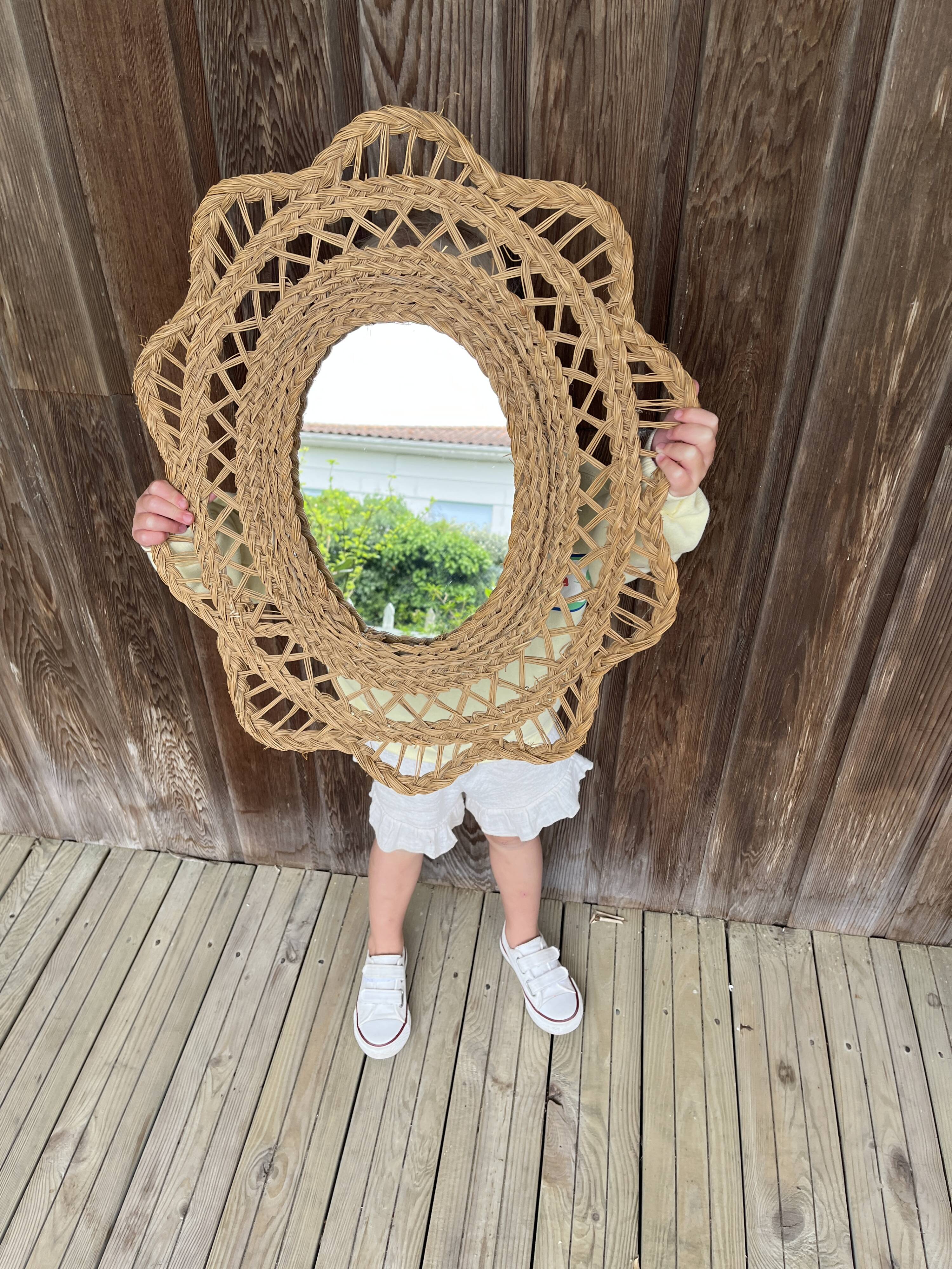 Large braided rattan mirror 1960