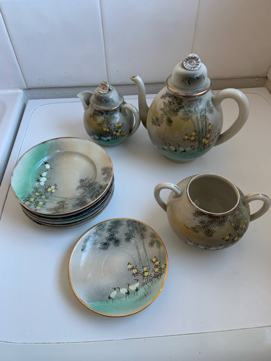 Fine porcelain tea service Japan - Decor of Cranes and Bamboo