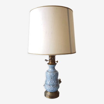 Lampe à huile convertie en céramique vintage en bleu et or