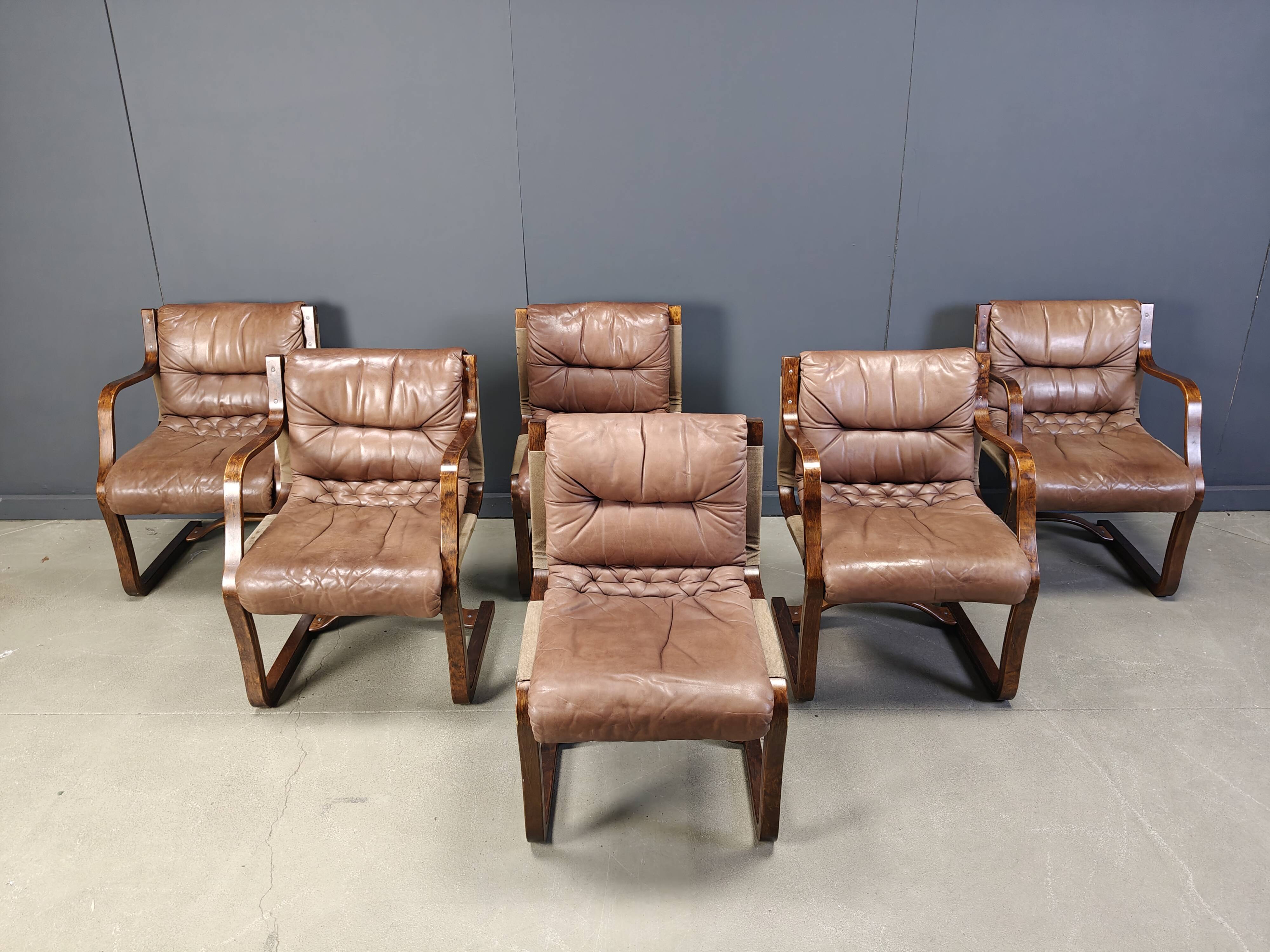 Vintage Asko Pajamies Finland Leather Plywood chairs, set of 6 - 1970s