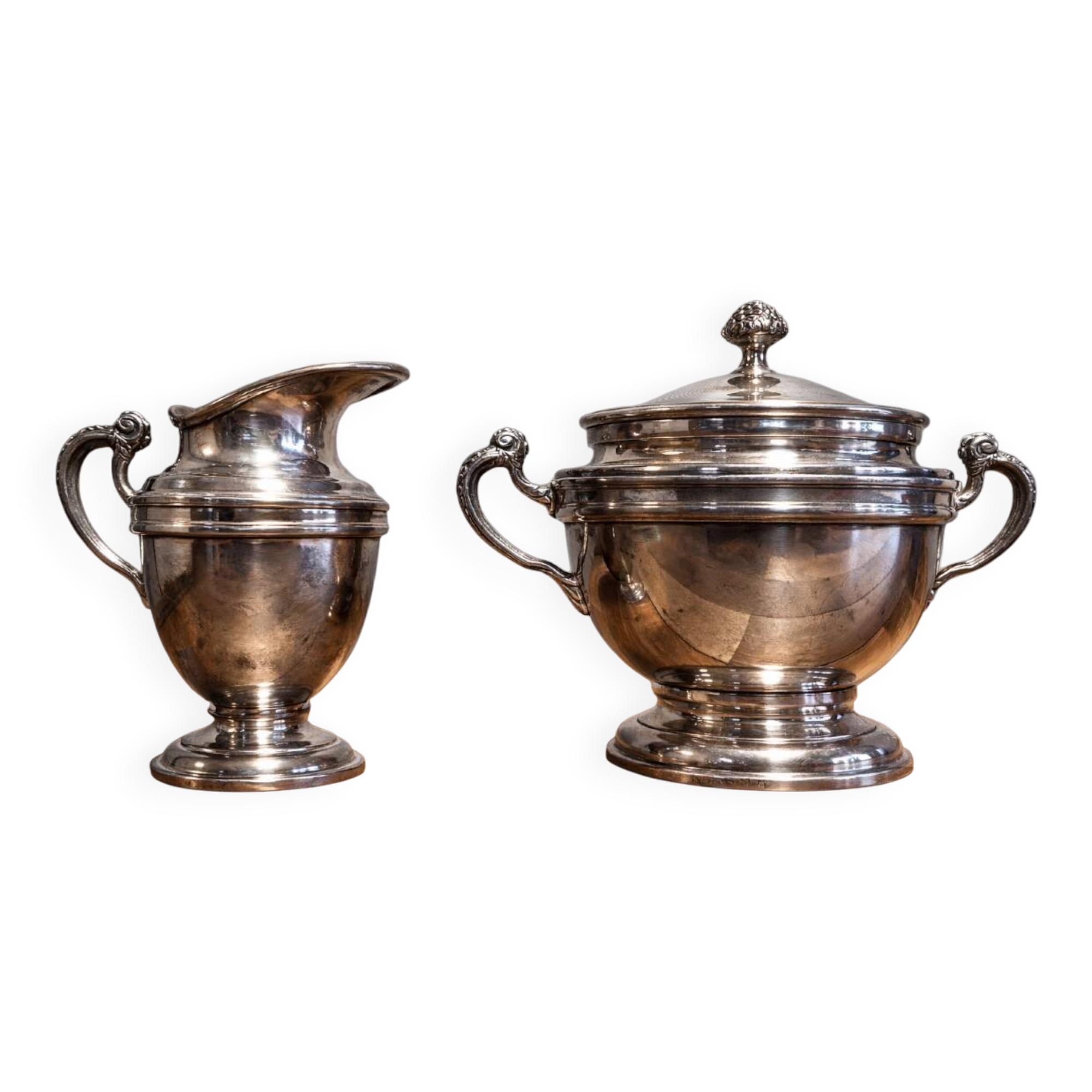 Service sucrier et pot à lait ancien en métal argenté – Style Empire / Louis XVI