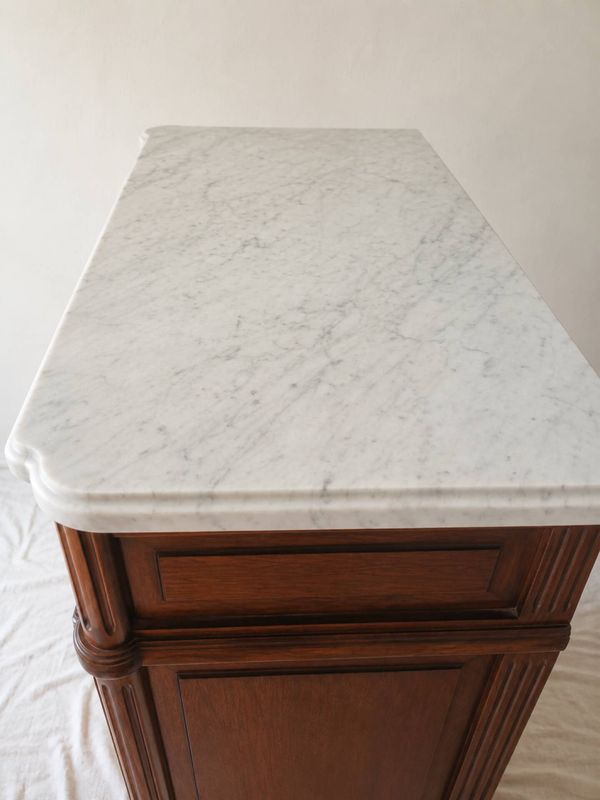 Secrétaire ancien style Louis XVI en bois & marbre blanc – H141 cm