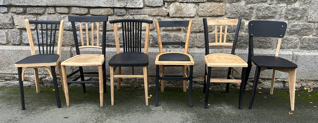 Suite of 6 Baumann, Gascoin, Luterma bistro chairs, redesigned, raw wood and matte black.