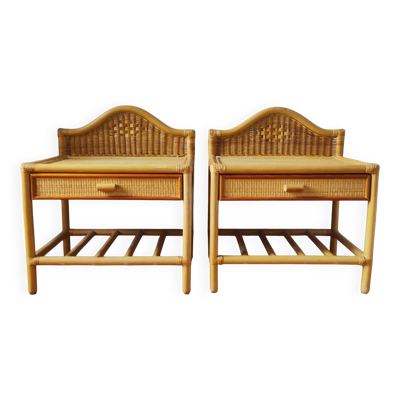 Paire de tables de chevets vintage 80 en rotin clair