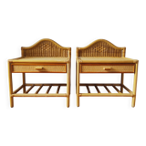 Pair of vintage 80s bedside tables in light rattan.