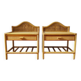 Pair of vintage 80s bedside tables in light rattan.