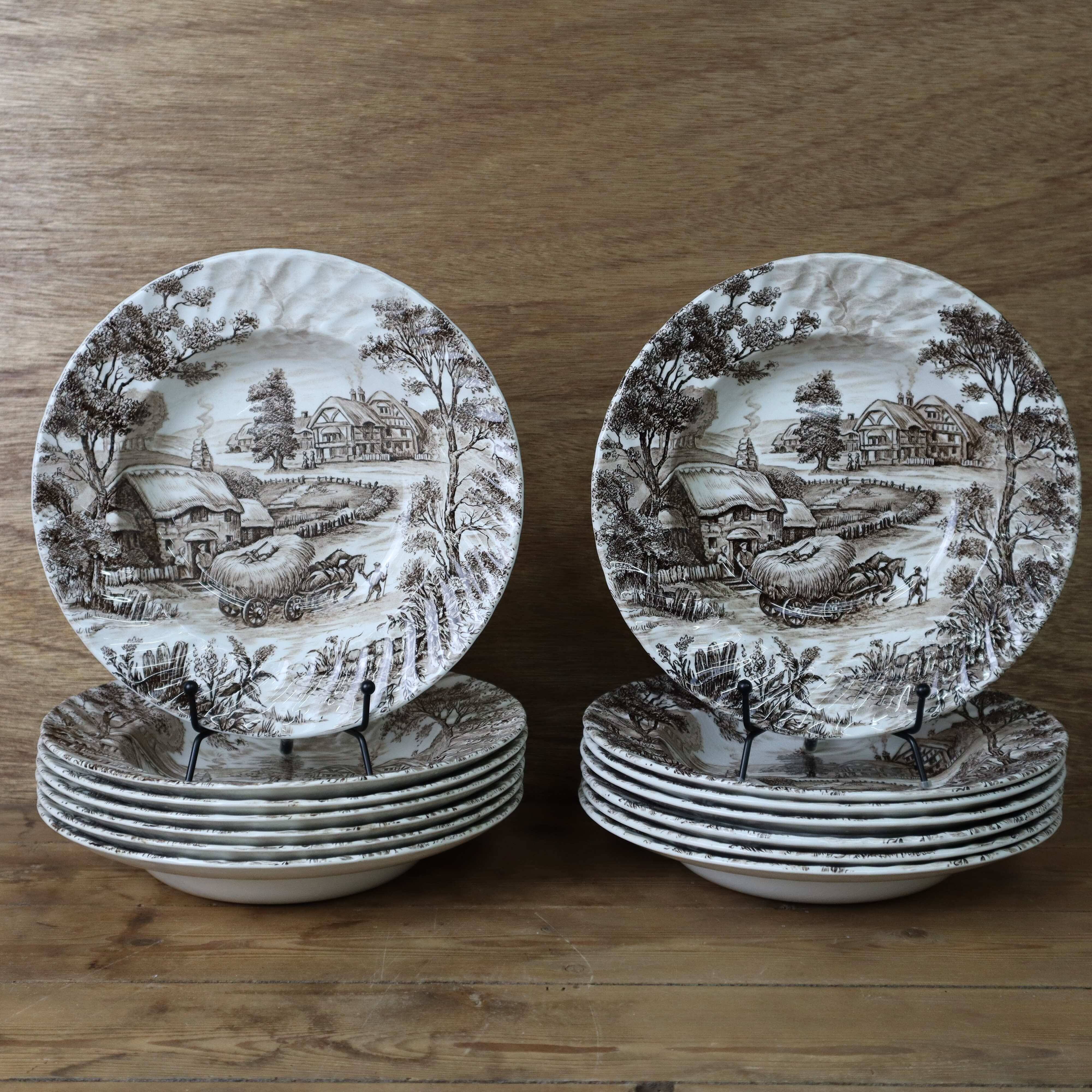 Set of 7 vintage English Staffordshire 'HAYRIDE' soup plates