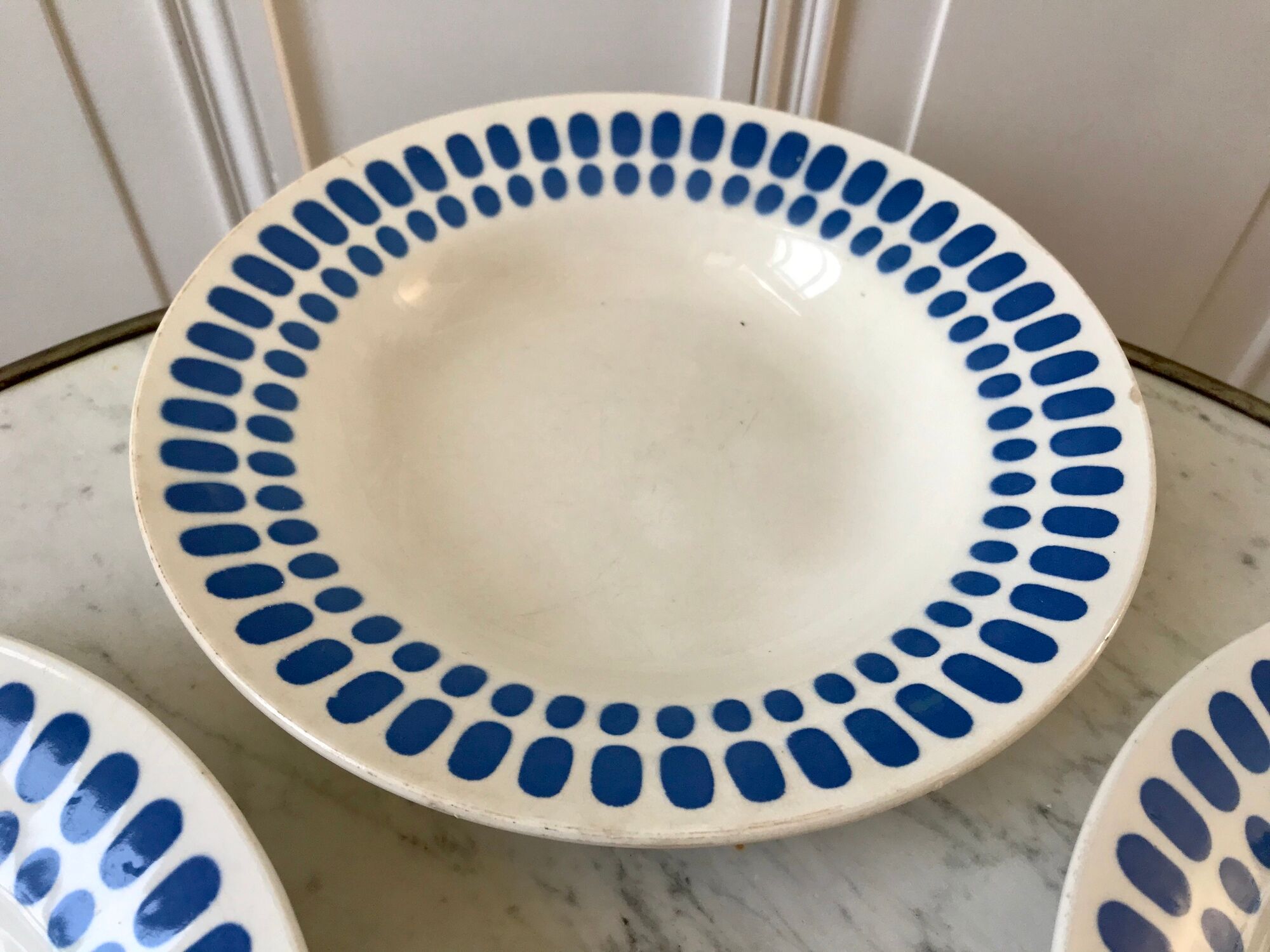 Set of 4 hollow plates Digoin Sarreguemines blue model "Tartan" 40s