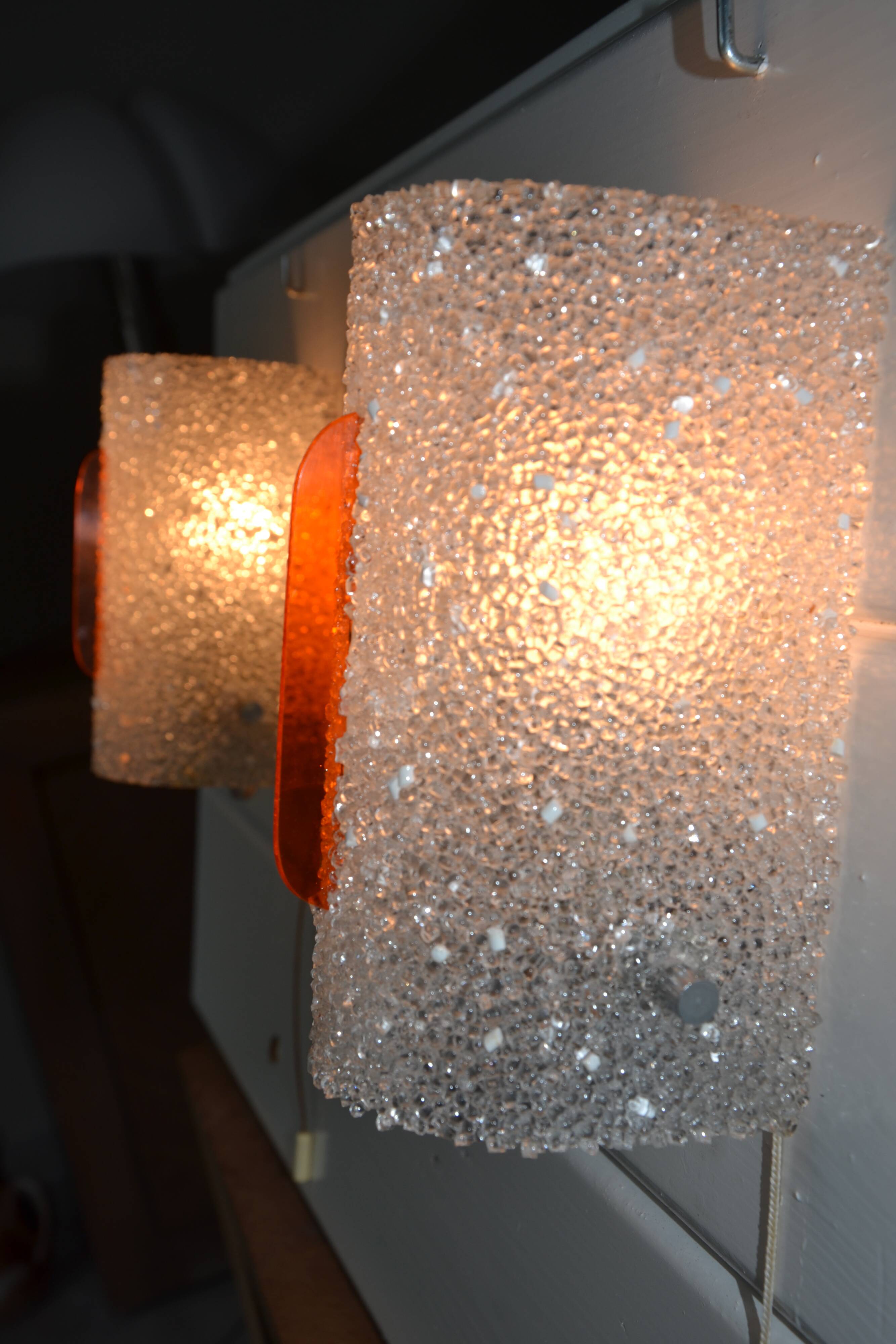 2 orange perspex and plexiglass wall lights from the 60s-70s.