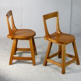 Pair of brutalist wooden back stools. France, circa 1960