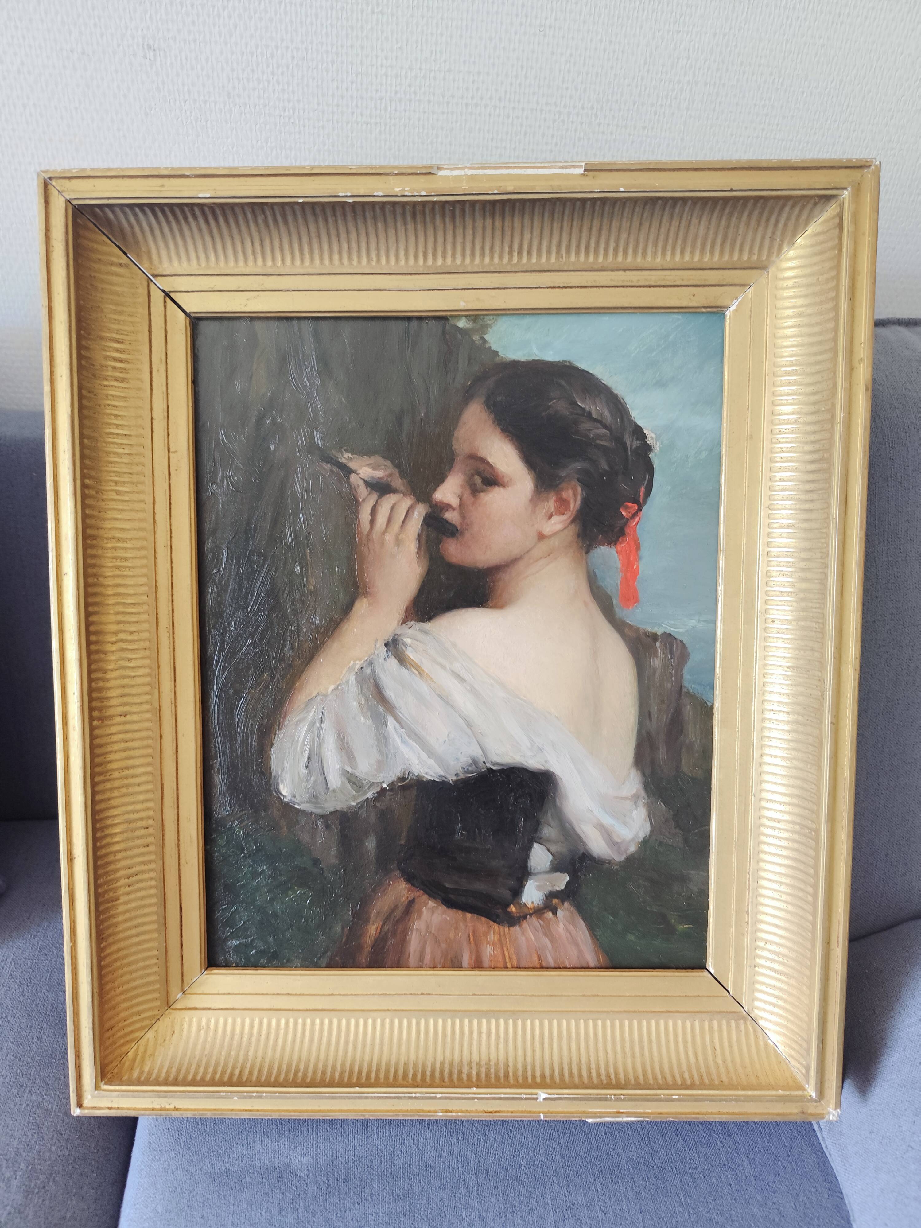 Superb oil on wood panel of a flute player by Firmin Gauthier.