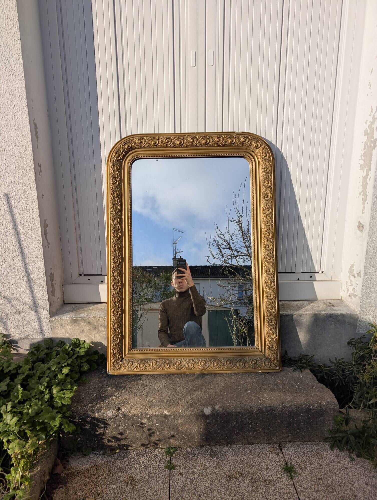 Louis Philippe Mirror 104x73 Wood and Gilded Stucco with Baroque Decor Late 19th Century
