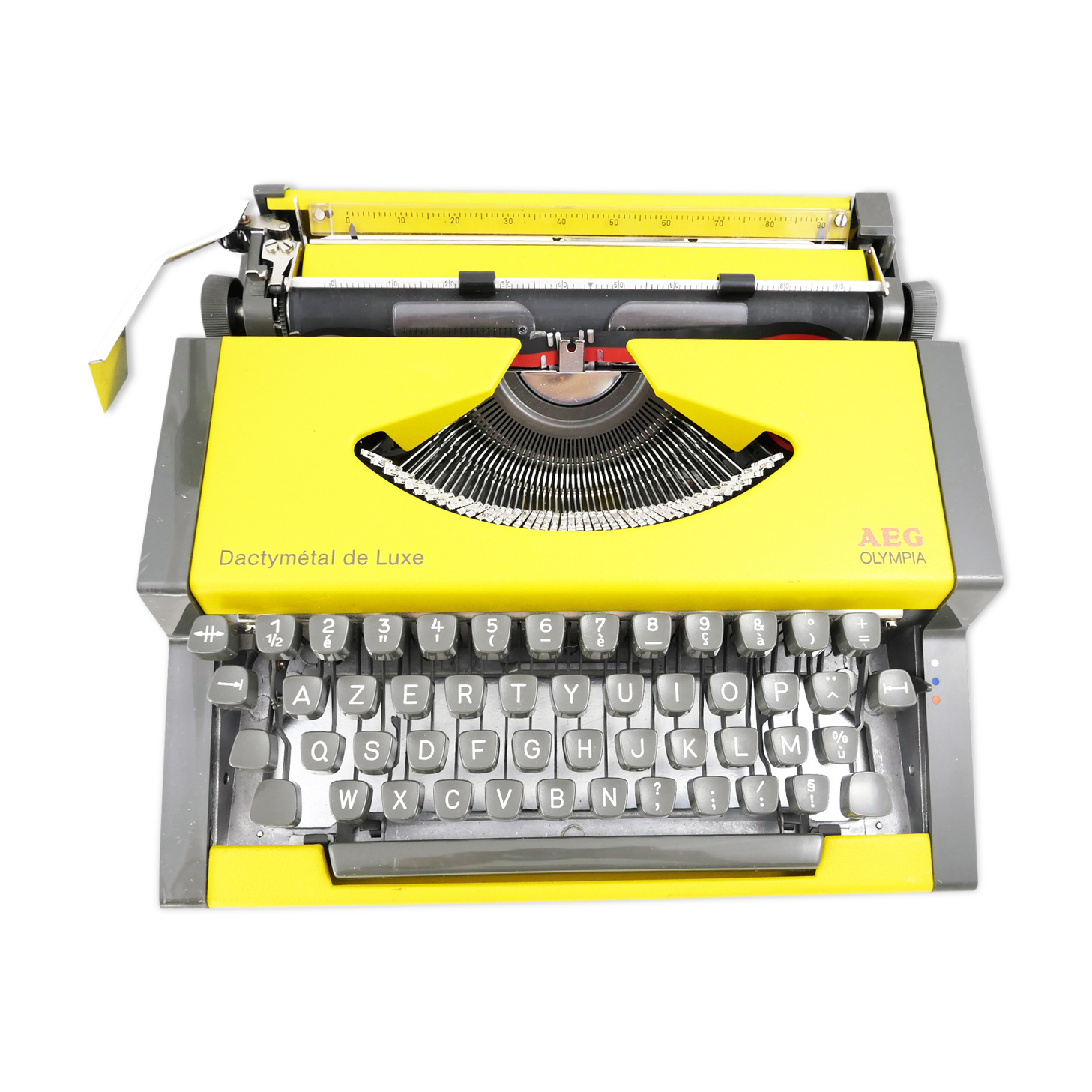 Machine à écrire Olympia AEG Dactymétal De Luxe Jaune révisée ruban neuf avec valise verte