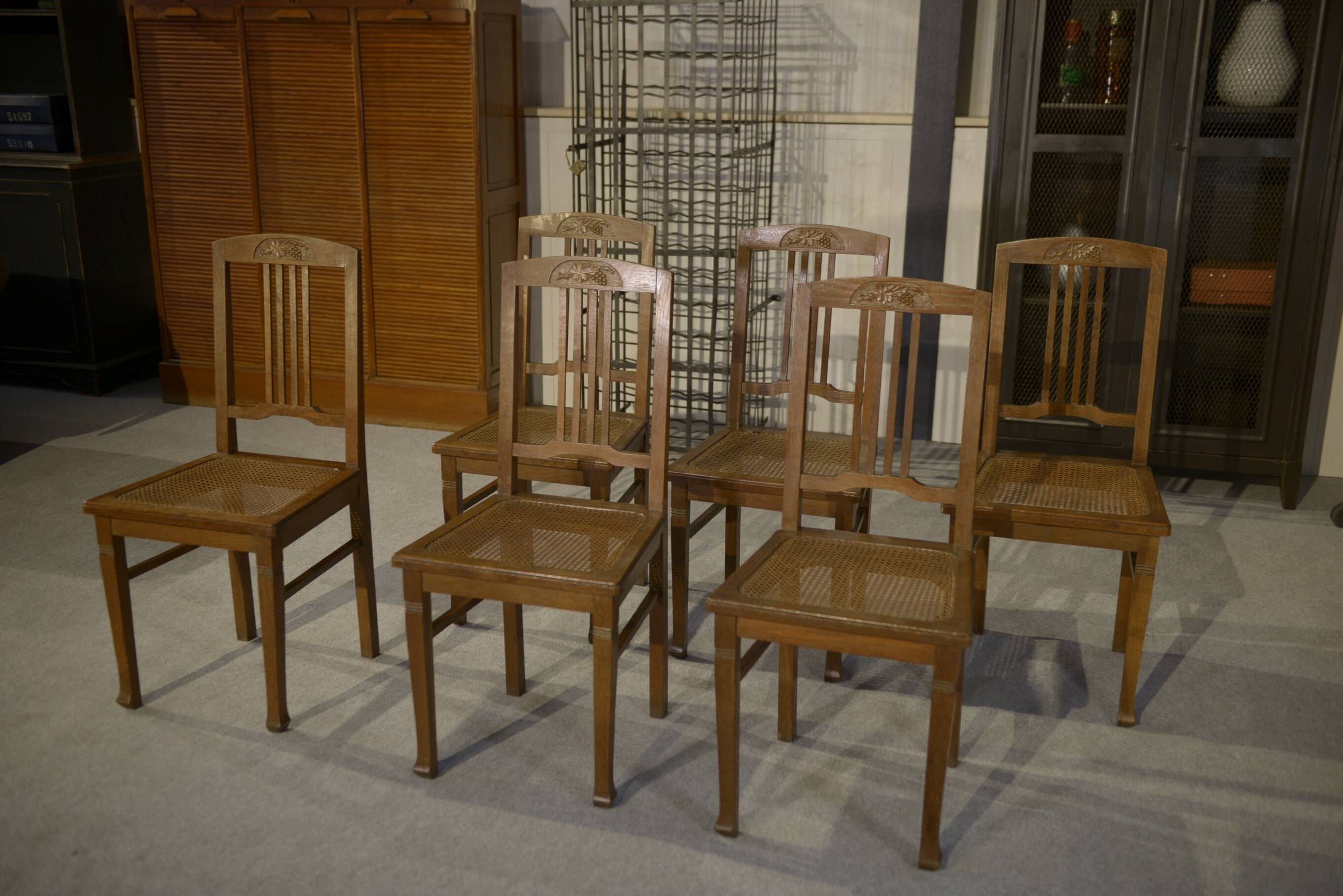 Set of 6 Art Deco oak cane chairs from the 1930s