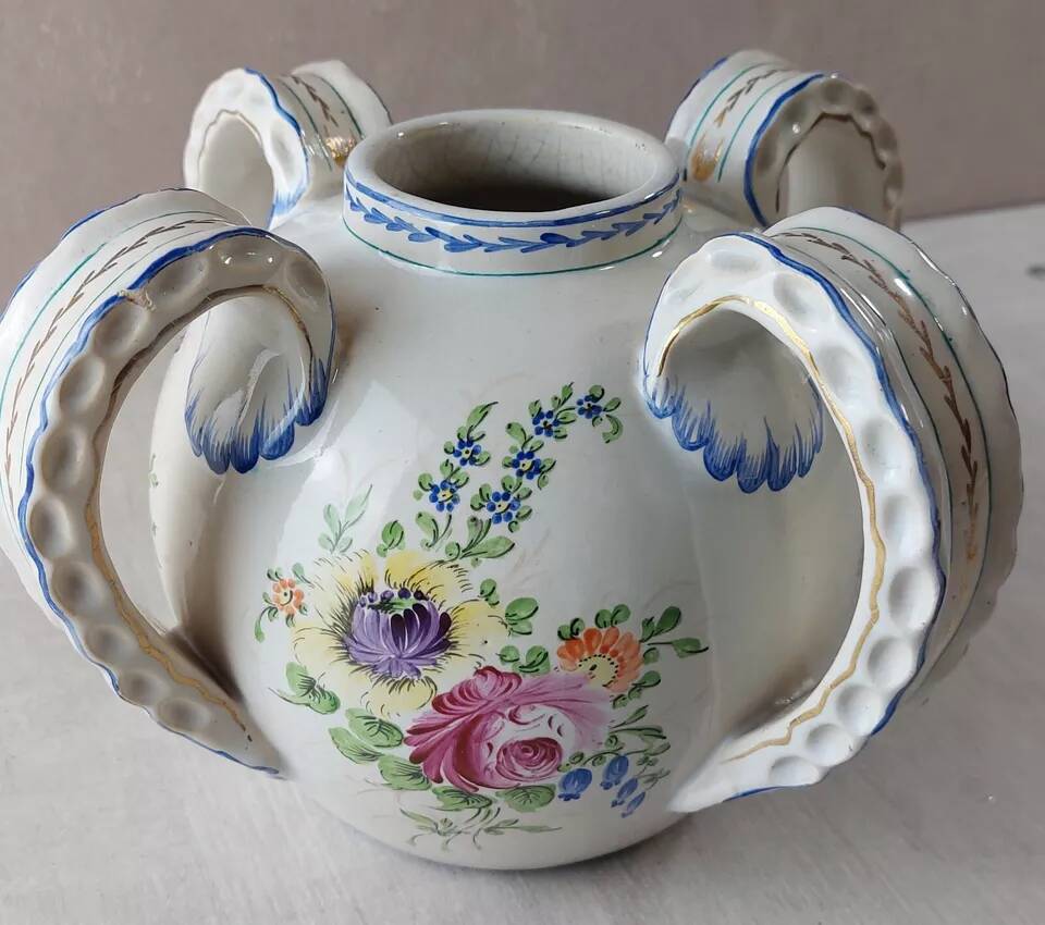 Old vase decorated with flowers, in ceramic, Roger Colas, from Clamecy