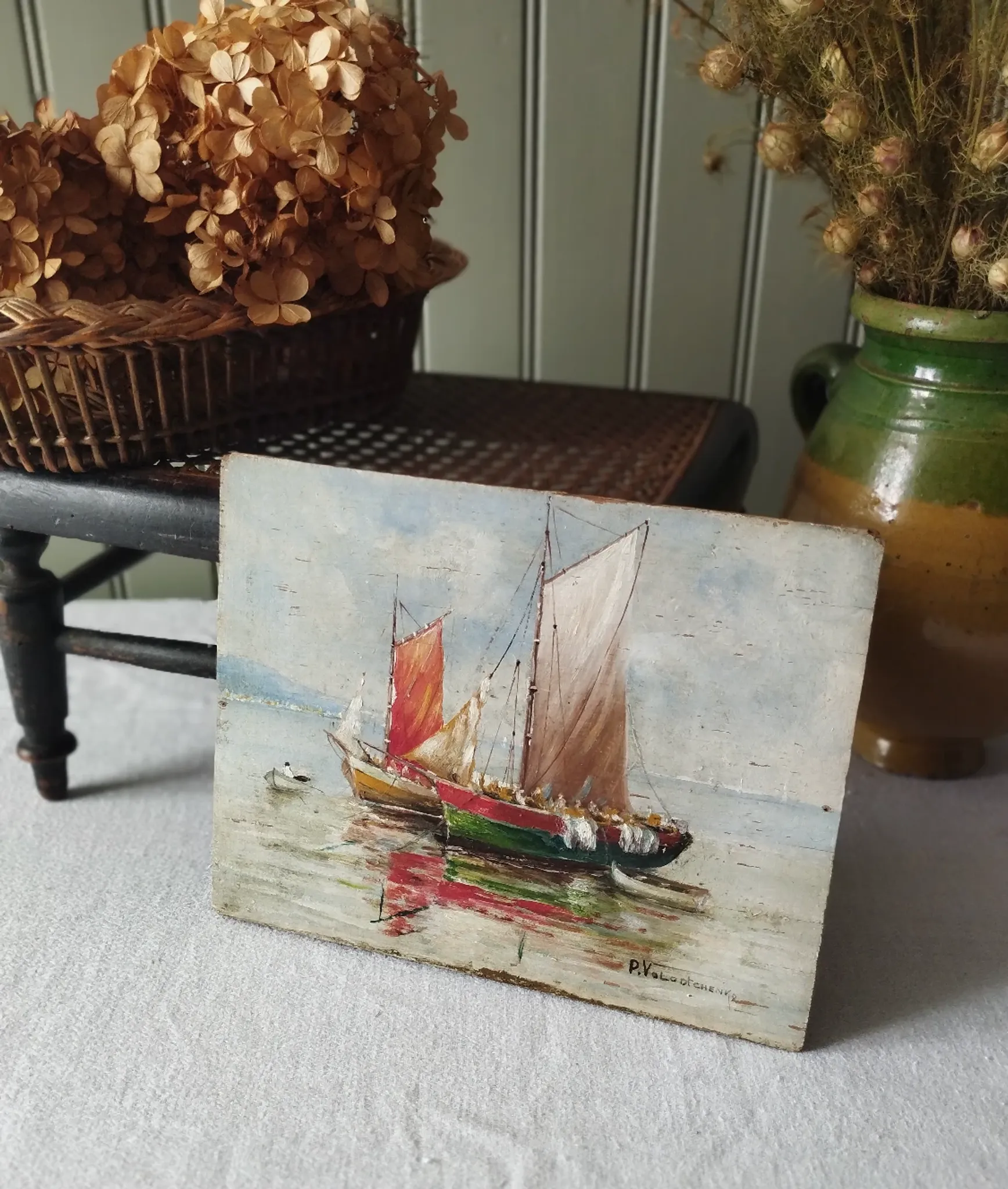 Fishing boats on calm sea. oil painting signed p. volotchenko.