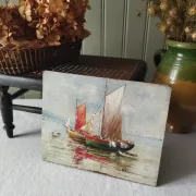 Fishing boats on calm sea. oil painting signed p. volotchenko.