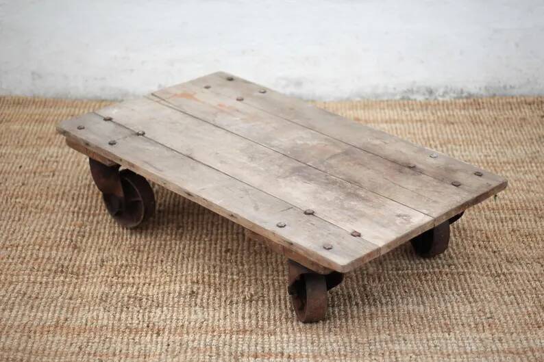 Vintage trolley coffee table, industrial wooden table on wheels, decor.