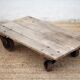 Vintage trolley coffee table, industrial wooden table on wheels, decor.